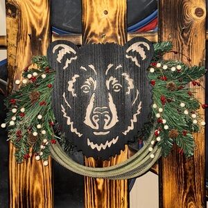 Rustic Bear Holiday Wreath with Greenery